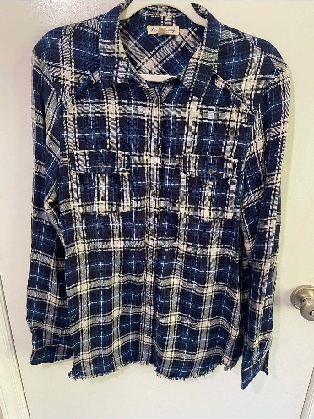 Jane and Delancey Blue and White Plaid Button up ,fringe,100% rayon,western glam